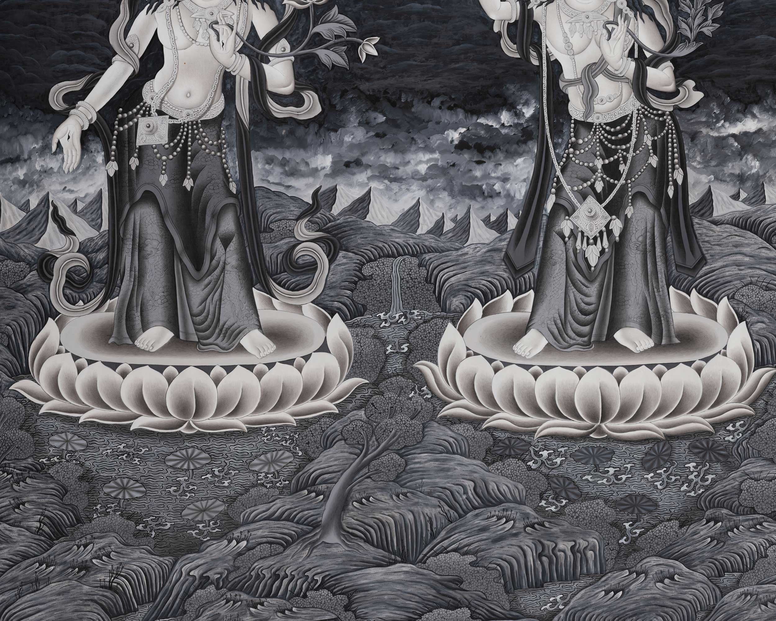 White Tara, Manjushri and Green Tara Standing Thangka Print | Newari Style Print