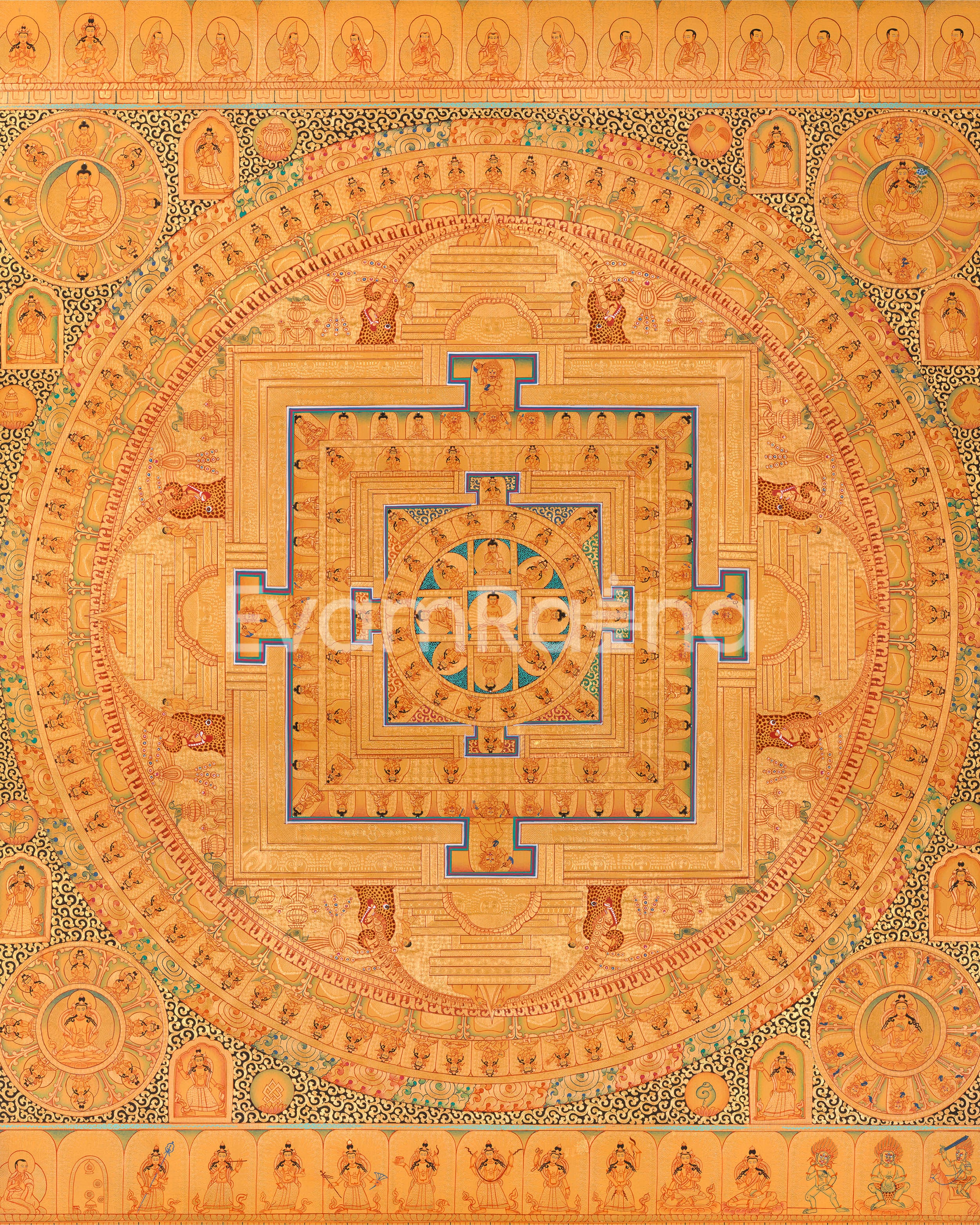 Vintage Mandala of Buddha Surrounded by Bodhisattvas & Lamas | Wall Hanging Tibetan Thangka