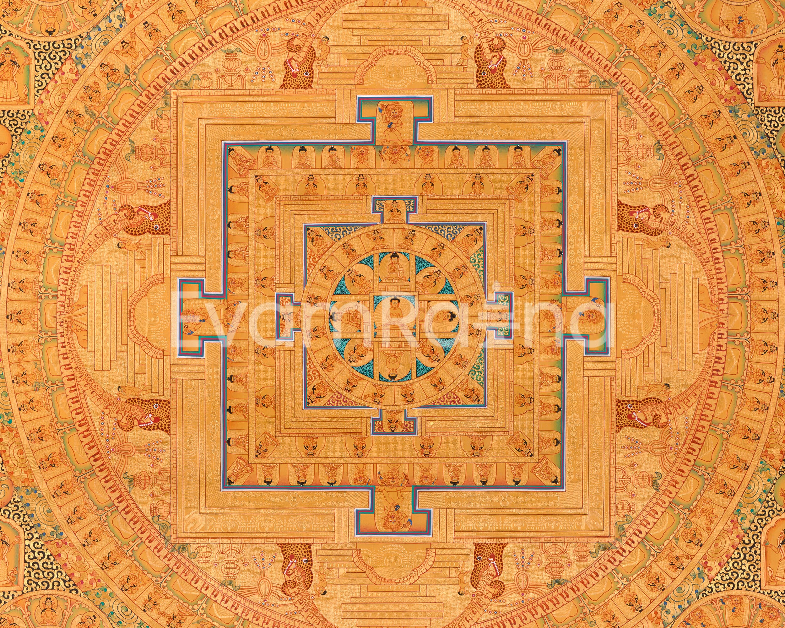 Vintage Mandala of Buddha Surrounded by Bodhisattvas & Lamas | Wall Hanging Tibetan Thangka