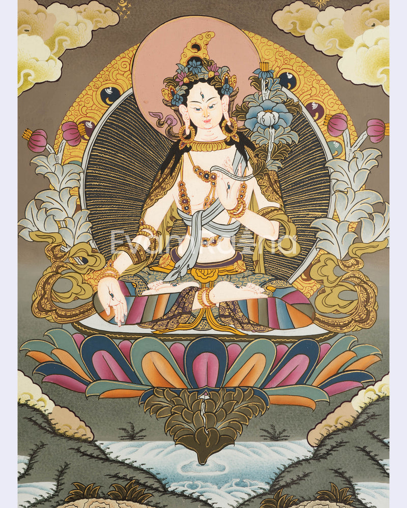 White Tara Female Bodhisattva Hand-Painted Tibetan Art | Religious Wall Decor Painting