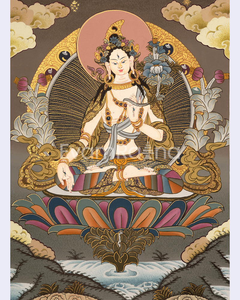 White Tara Female Bodhisattva Hand-Painted Tibetan Art | Religious Wall Decor Painting