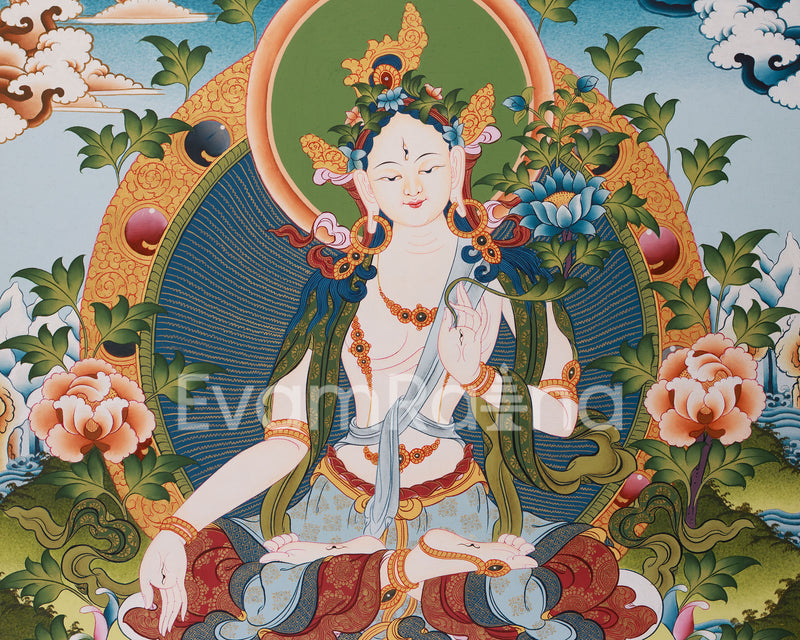 Mother Goddess Tara Thangka | Hand-Painted White Tara Artwork