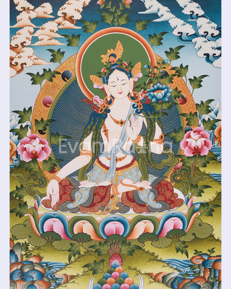 Mother Goddess Tara Thangka | Hand-Painted White Tara Artwork