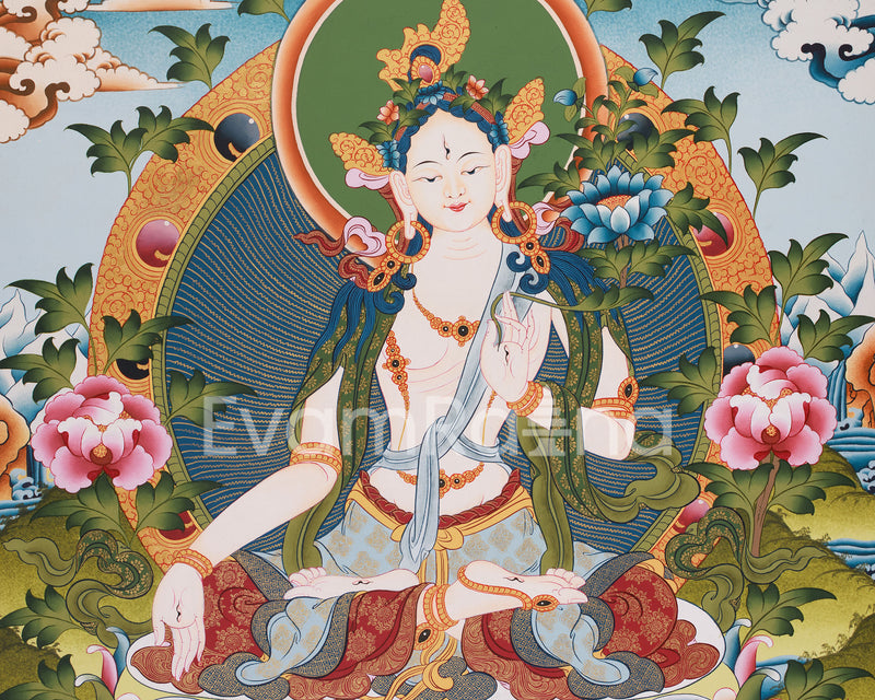 Mother Goddess Tara Thangka | Hand-Painted White Tara Artwork