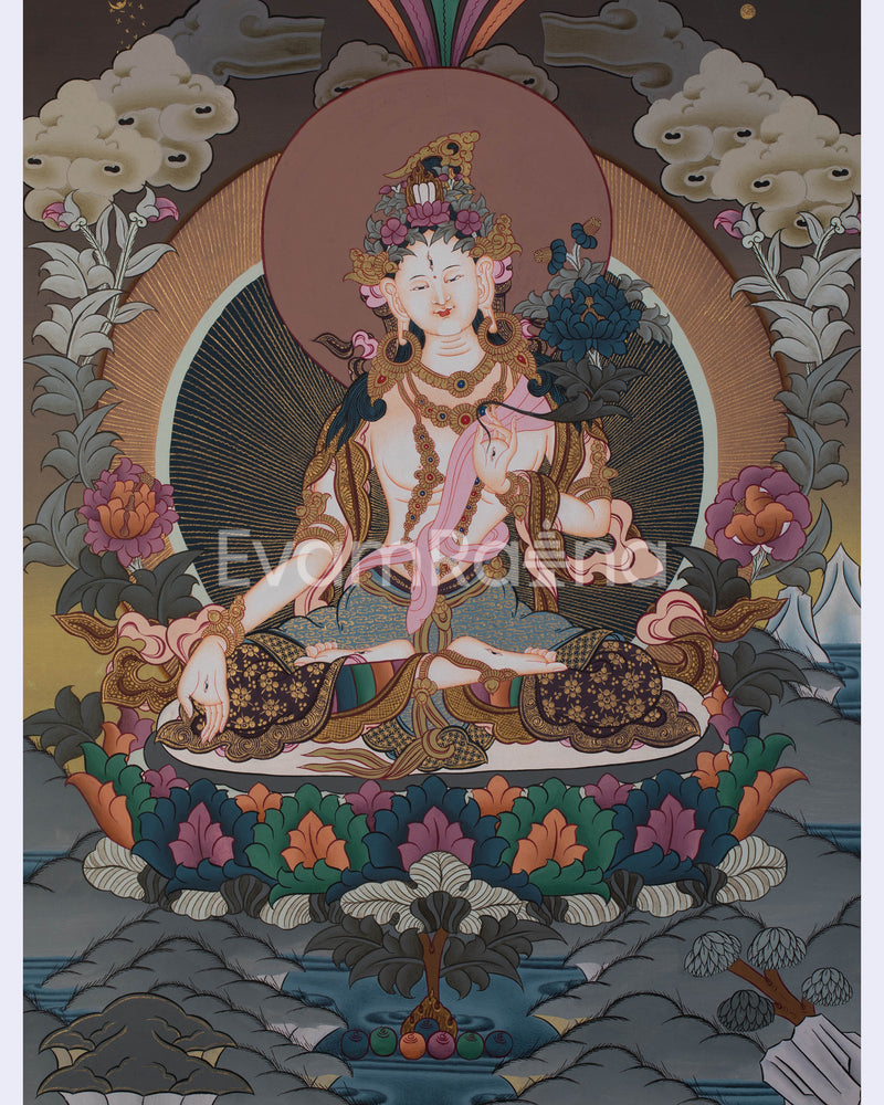 Original Hand-Painted White Tara Thangka Religious Art | Goddess of Healing