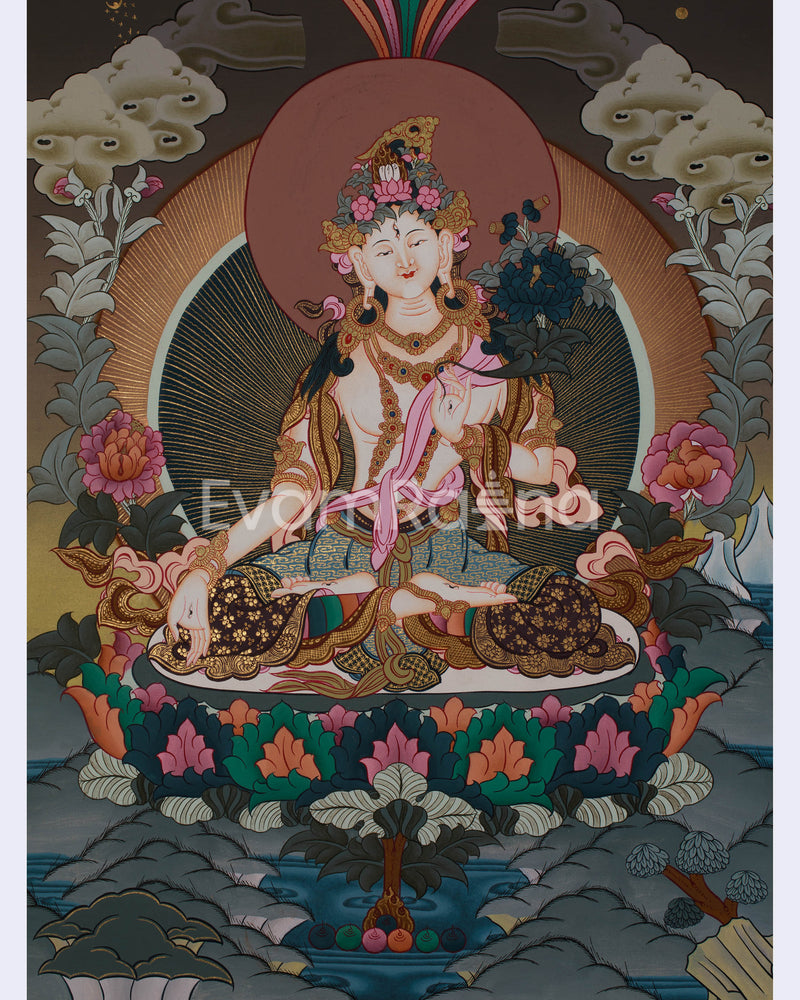 Original Hand-Painted White Tara Thangka Religious Art | Goddess of Healing