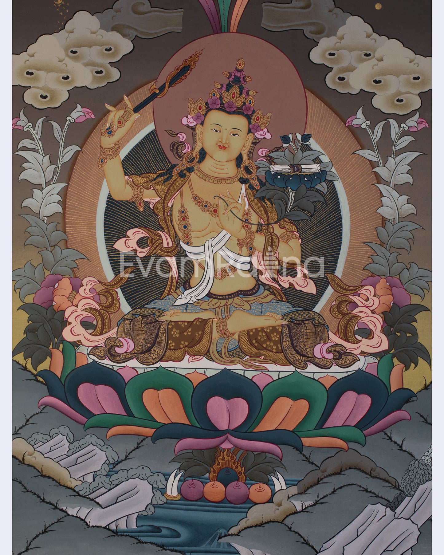 Manjushri Thangka | Tibetan Bodhisattva with Flaming Sword of Wisdom