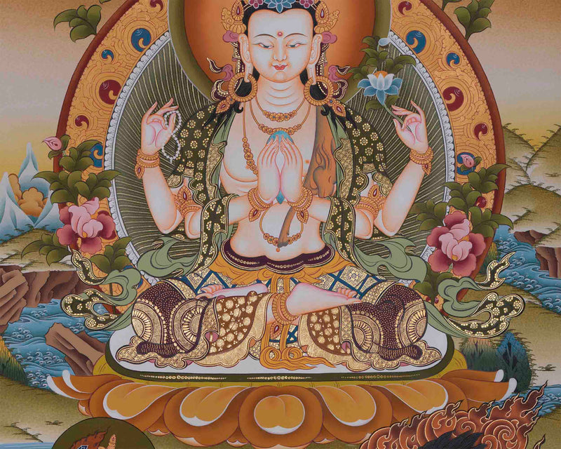 Four Armed Chengrezig | Feature Manjushri and Vajrapani