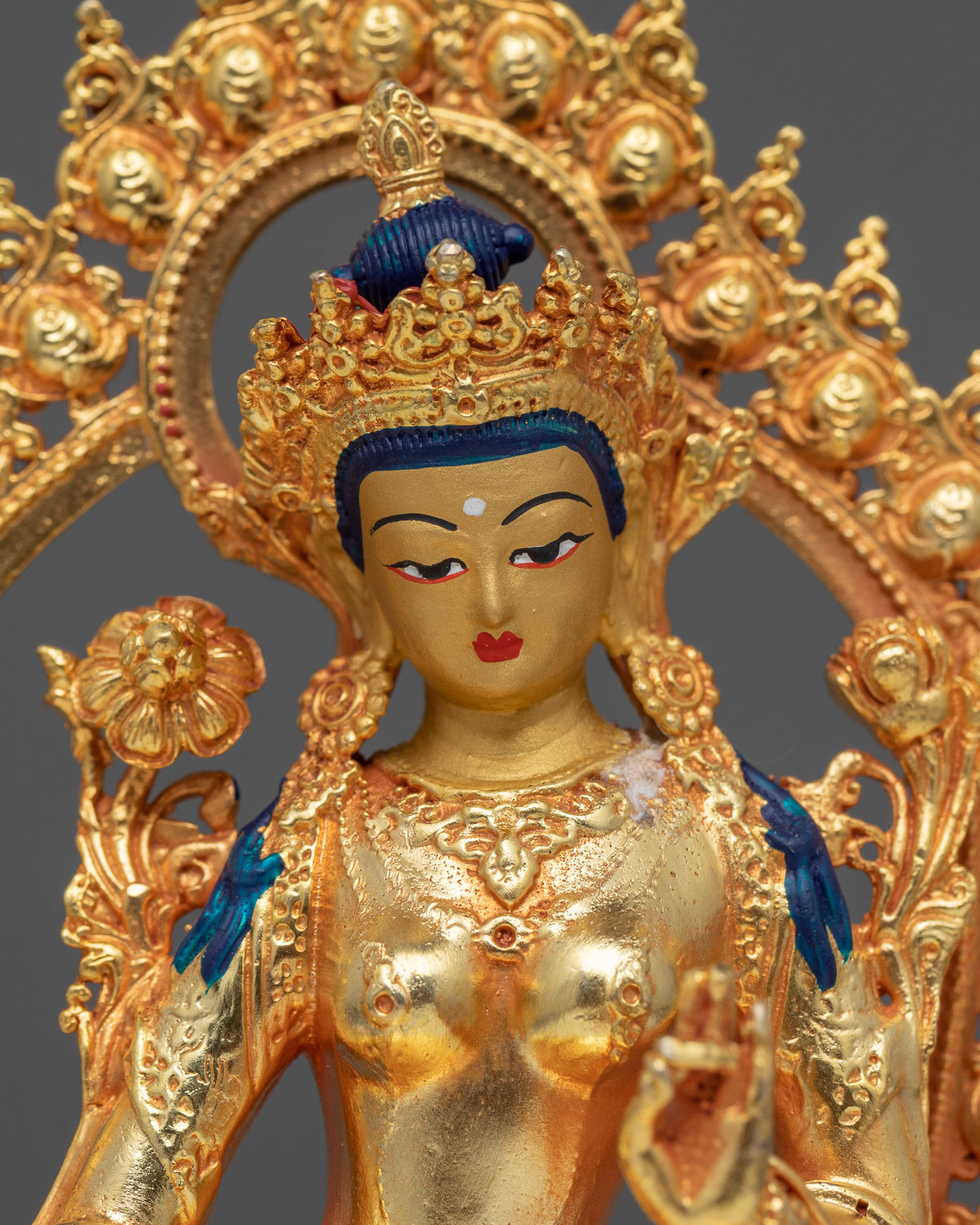 Elegant Female Bodhisattva Green Tara Statue | Electro Gold Gilded Statue
