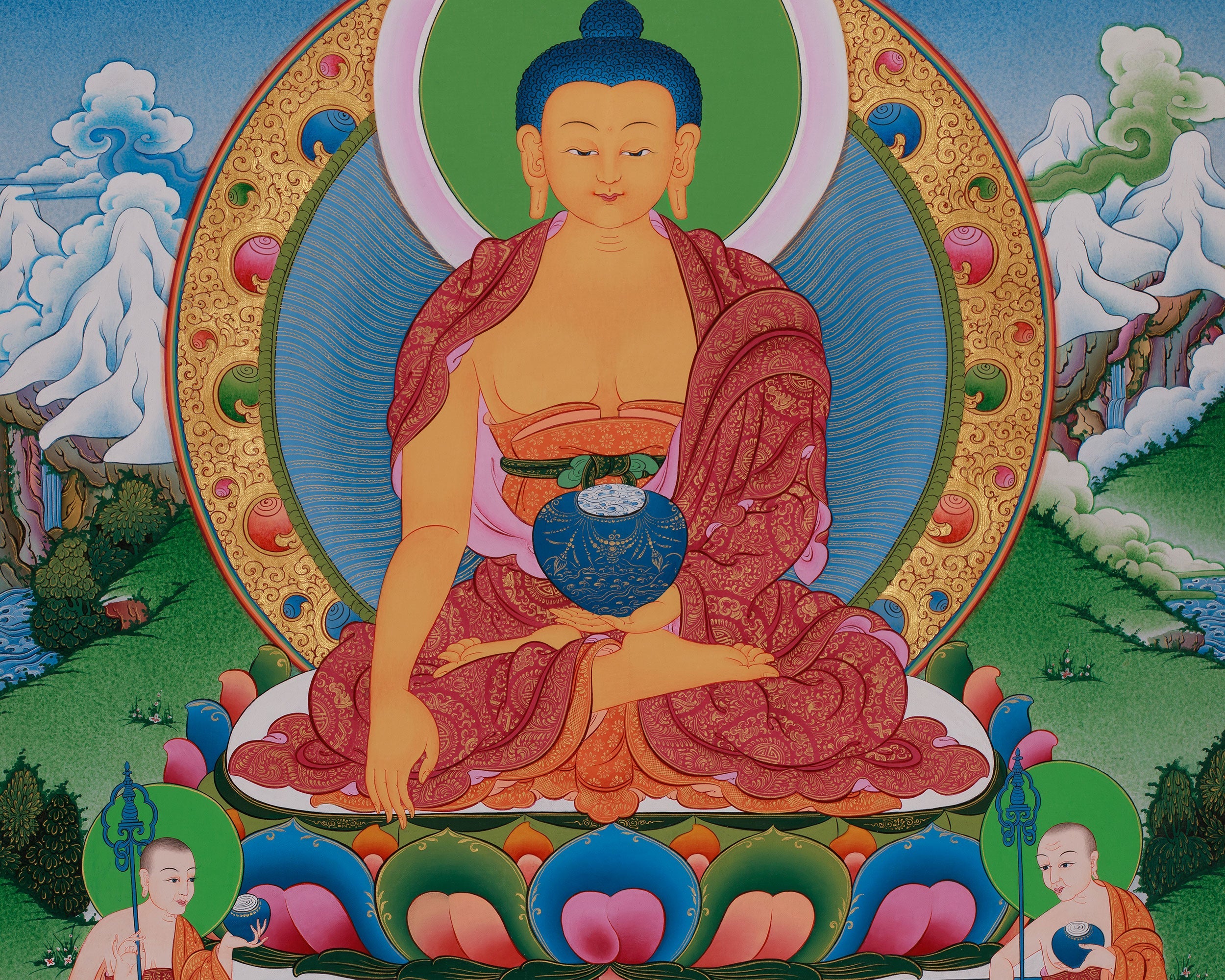 Traditional Buddha Thangka | Shakyamuni in Vajra Posture with Disciples