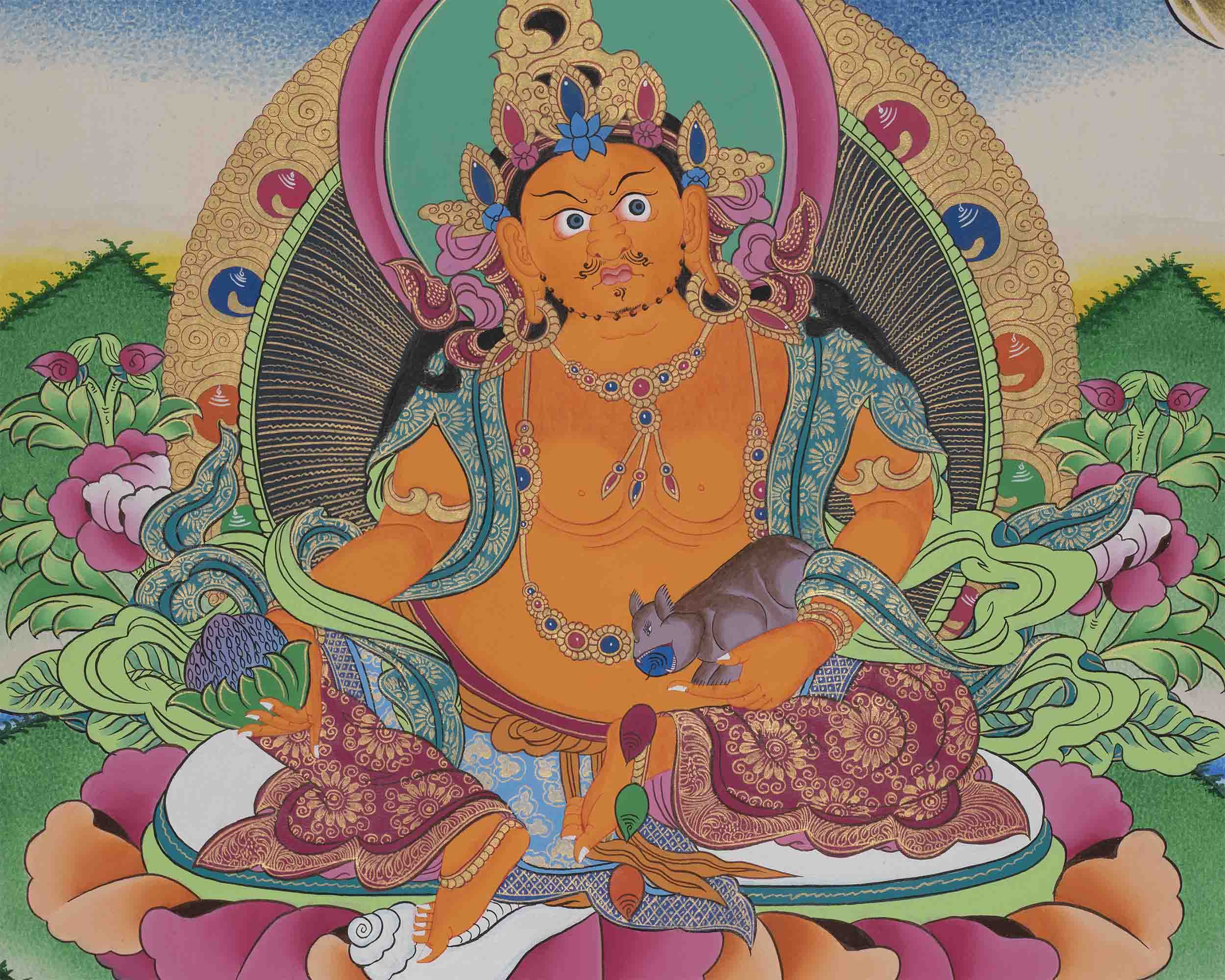 Original Hand-Painted Dzambala Thangka | Kubera Wall Decoration Thangka