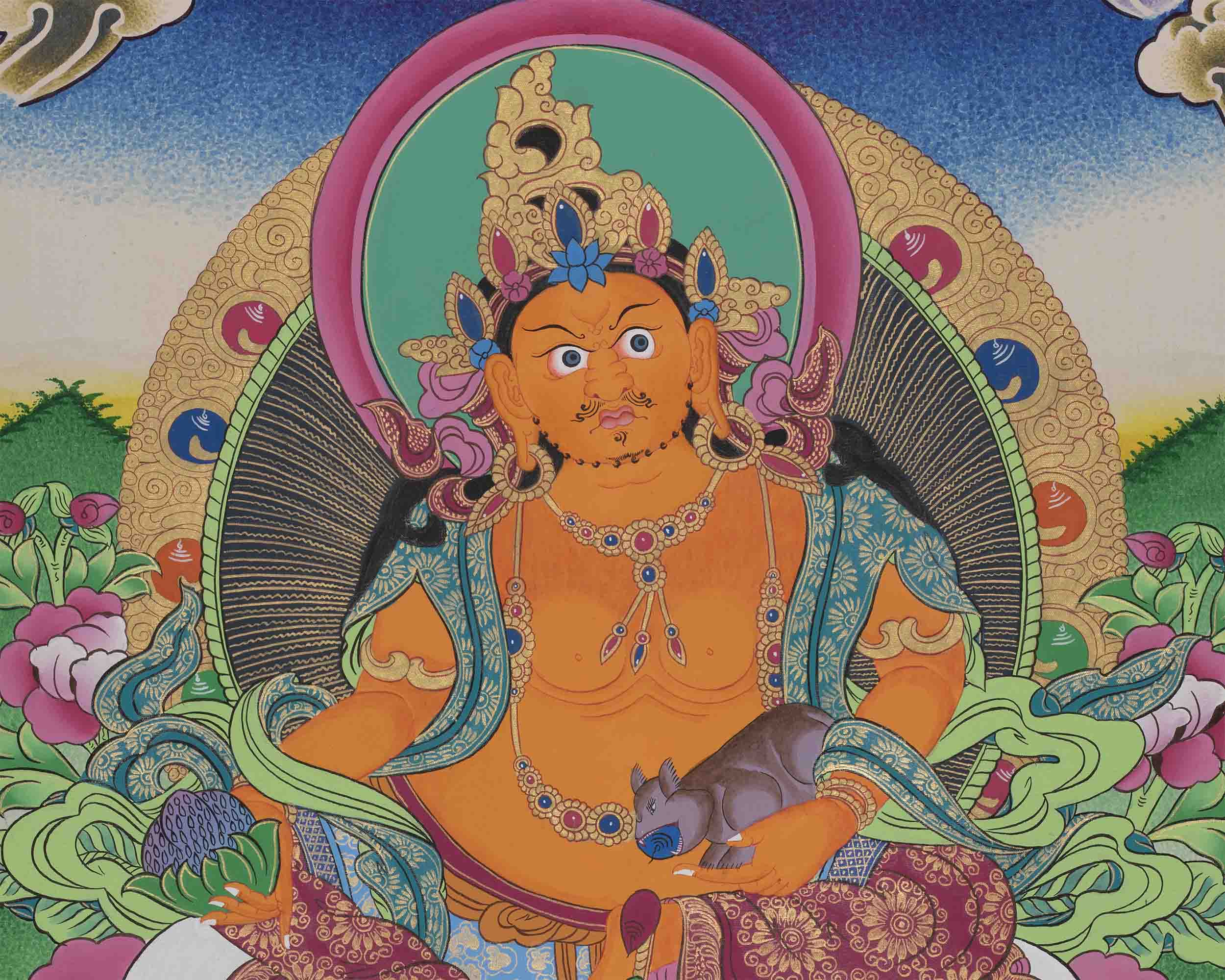 Original Hand-Painted Dzambala Thangka | Kubera Wall Decoration Thangka