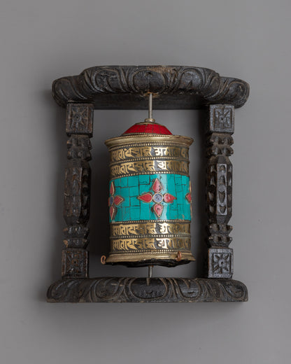 Brass Prayer Wheel on Wooden Frame | Traditional Tibetan Mantra Crafted