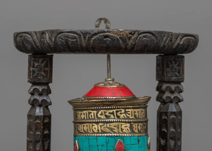 Brass Prayer Wheel on Wooden Frame | Traditional Tibetan Mantra Crafted