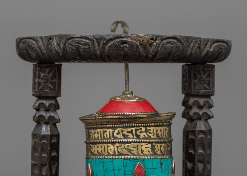 Brass Prayer Wheel on Wooden Frame | Traditional Tibetan Mantra Crafted