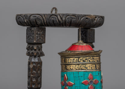 Brass Prayer Wheel on Wooden Frame | Traditional Tibetan Mantra Crafted