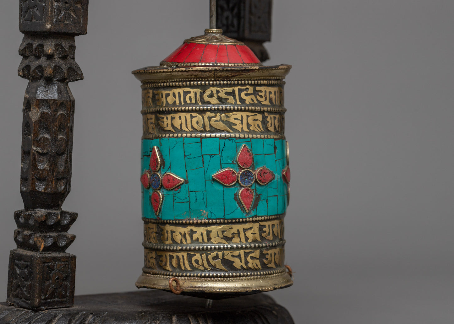 Brass Prayer Wheel on Wooden Frame | Traditional Tibetan Mantra Crafted