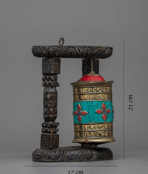 Brass Prayer Wheel on Wooden Frame | Traditional Tibetan Mantra Crafted