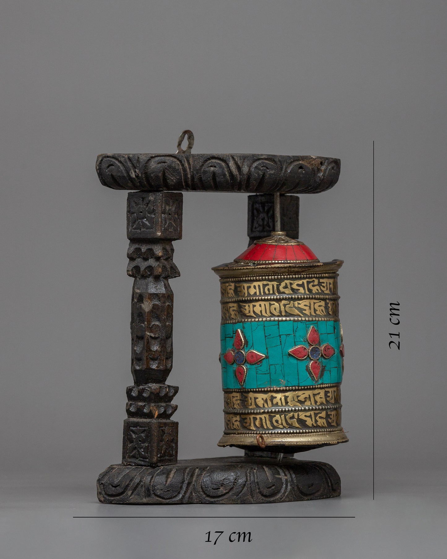 Brass Prayer Wheel on Wooden Frame | Traditional Tibetan Mantra Crafted