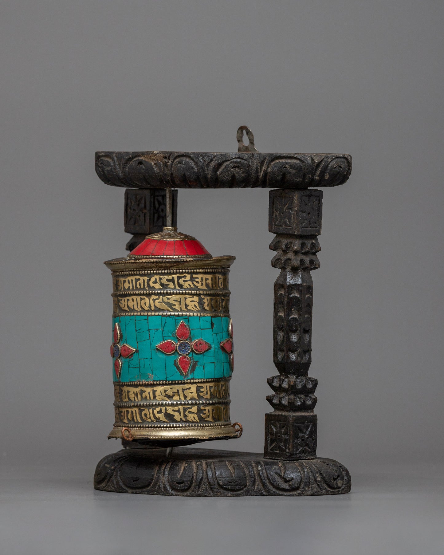 Brass Prayer Wheel on Wooden Frame | Traditional Tibetan Mantra Crafted