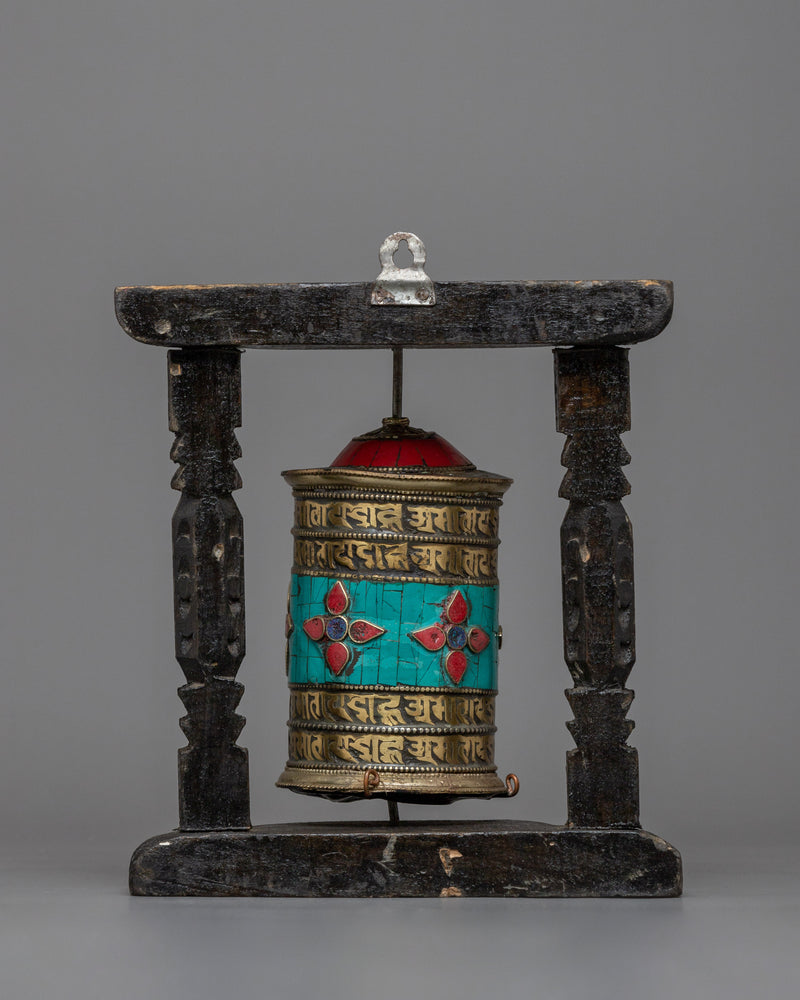 Brass Prayer Wheel on Wooden Frame | Traditional Tibetan Mantra Crafted