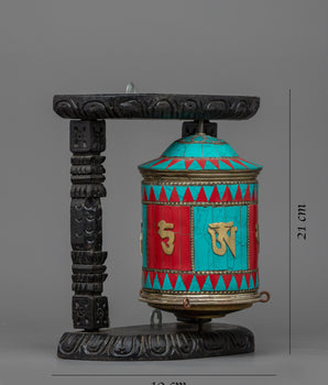 Turquoise, Coral Stones Inlaid Prayer Wheel With Wooden Frame