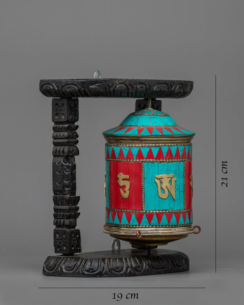 Turquoise, Coral Stones Inlaid Prayer Wheel With Wooden Frame