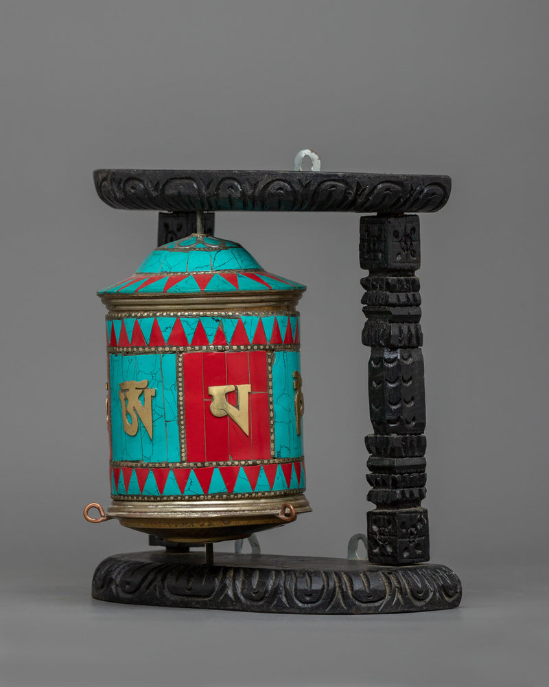 Turquoise, Coral Stones Inlaid Prayer Wheel With Wooden Frame