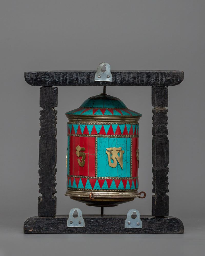 Turquoise, Coral Stones Inlaid Prayer Wheel With Wooden Frame