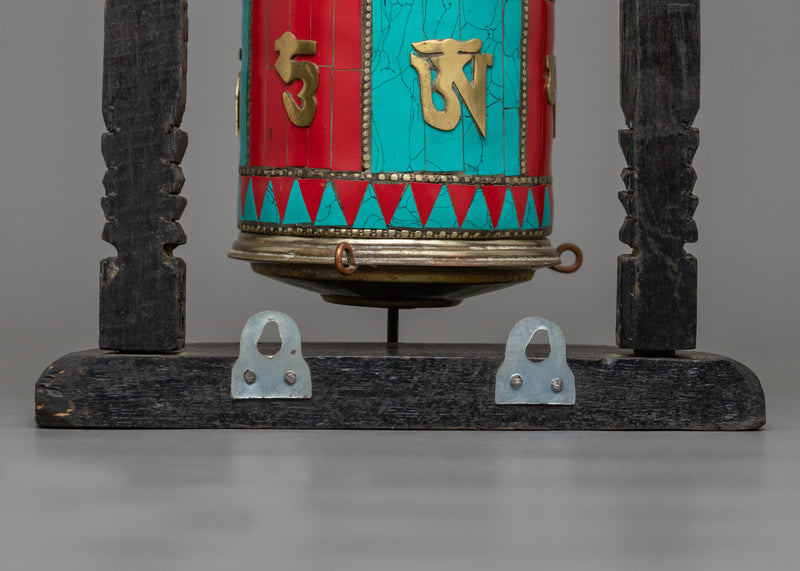 Turquoise, Coral Stones Inlaid Prayer Wheel With Wooden Frame