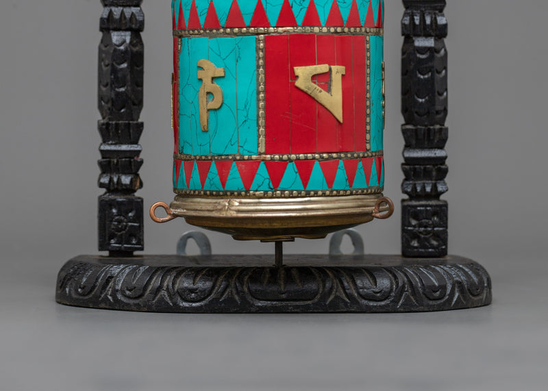 Turquoise, Coral Stones Inlaid Prayer Wheel With Wooden Frame