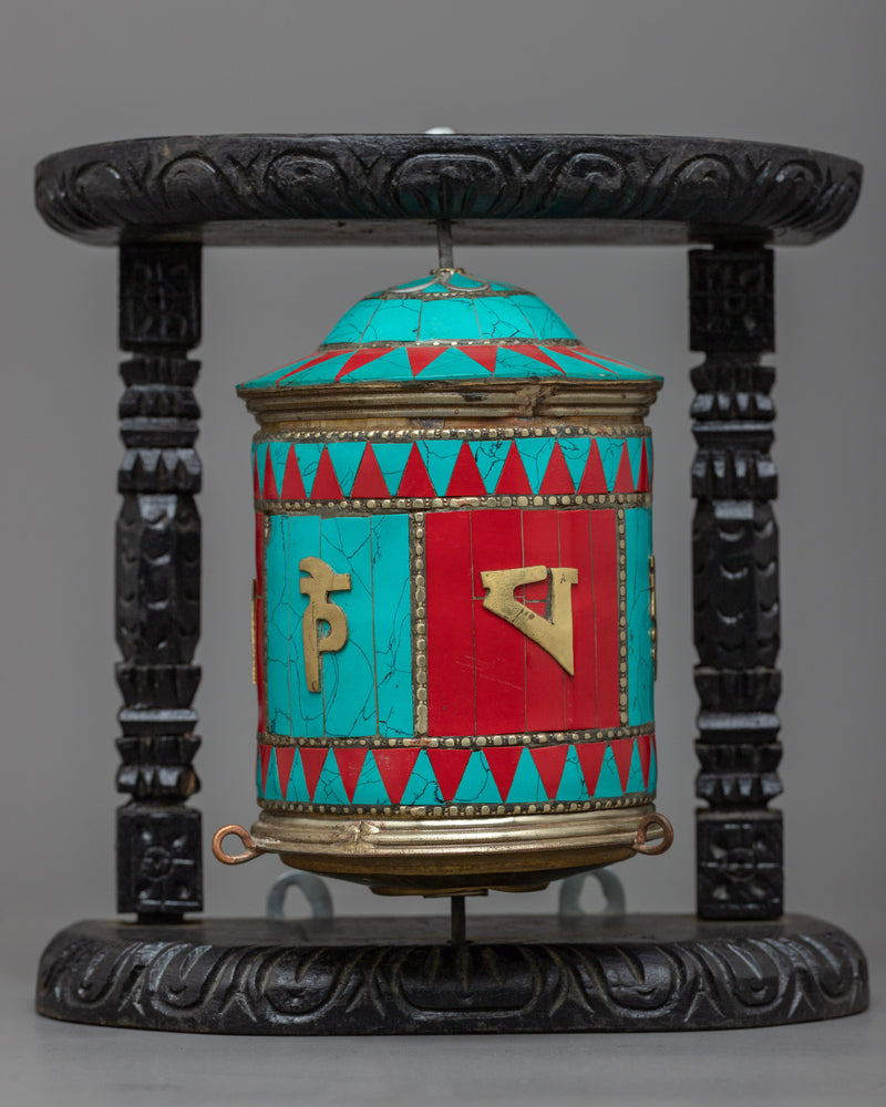 Turquoise, Coral Stones Inlaid Prayer Wheel With Wooden Frame