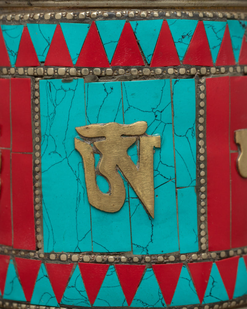 Turquoise, Coral Stones Inlaid Prayer Wheel With Wooden Frame