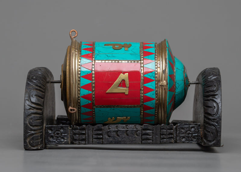 Turquoise, Coral Stones Inlaid Prayer Wheel With Wooden Frame