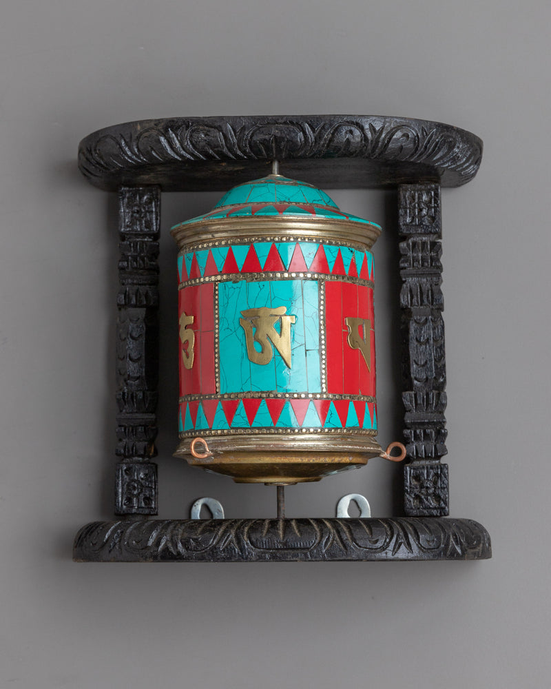 Turquoise, Coral Stones Inlaid Prayer Wheel With Wooden Frame