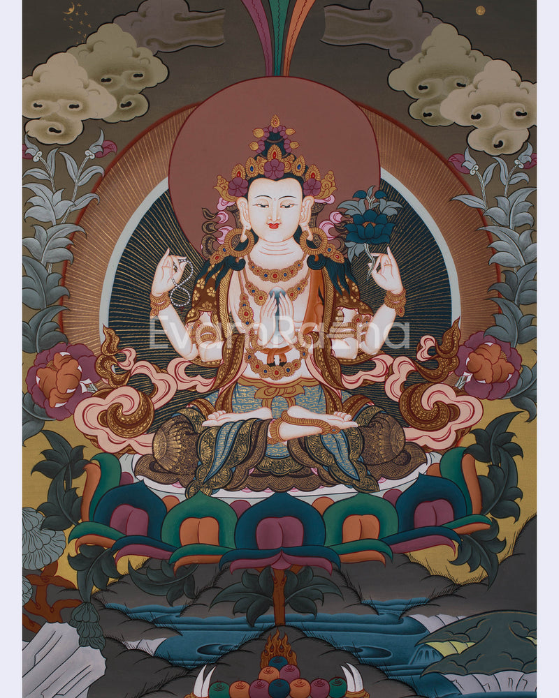 Four Armed Compassionate Chenrezig Thangka  | Hand-Painted Compassion Deity Art