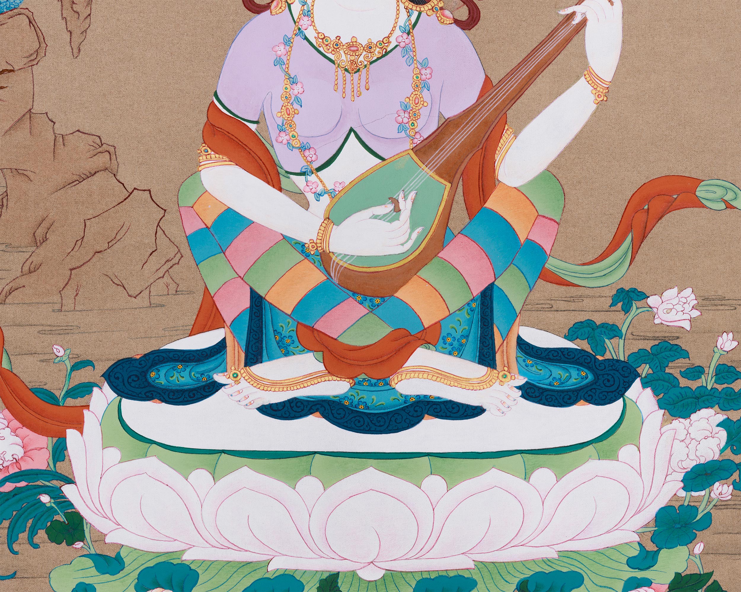 Beautiful Goddess Saraswati Thangka | Divine Embodiment of Learning & Music