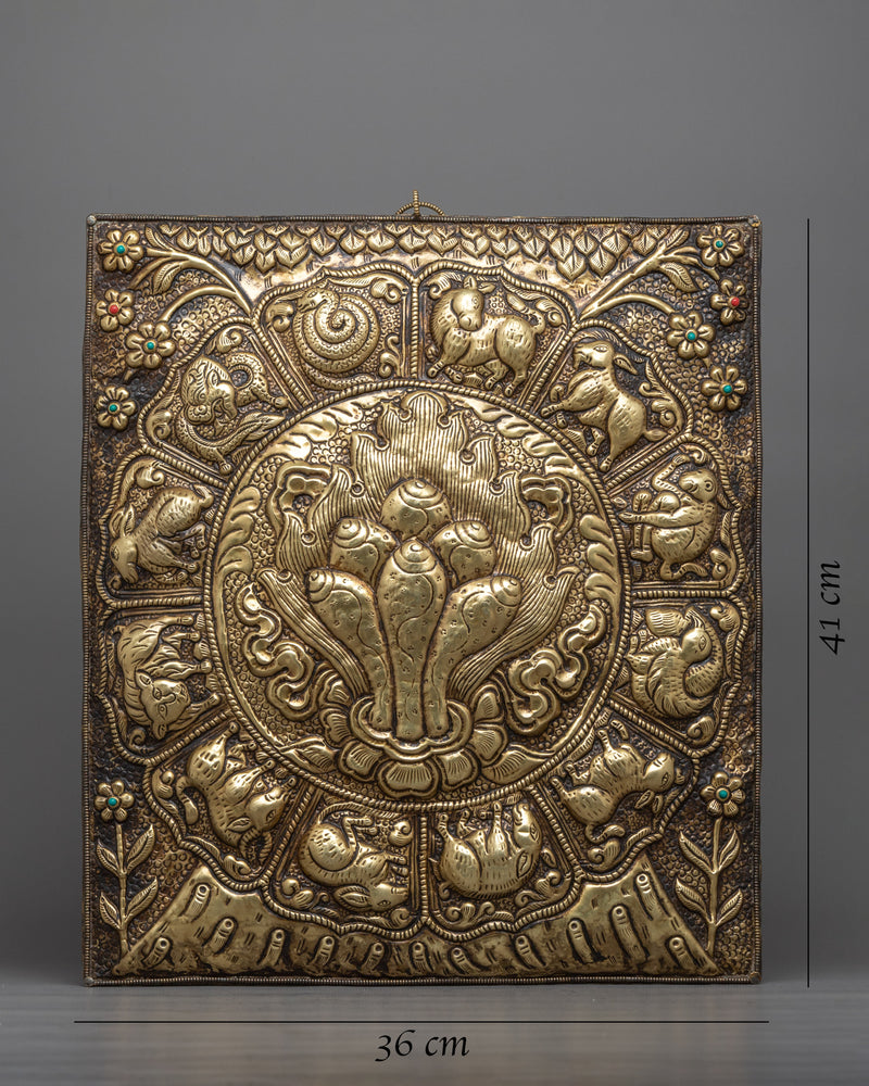 Norbu Metal Wall Hanging Thanka Calander | Zodiac Signs Surrounding Norbu for Spiritual Insight and Decorative Harmony