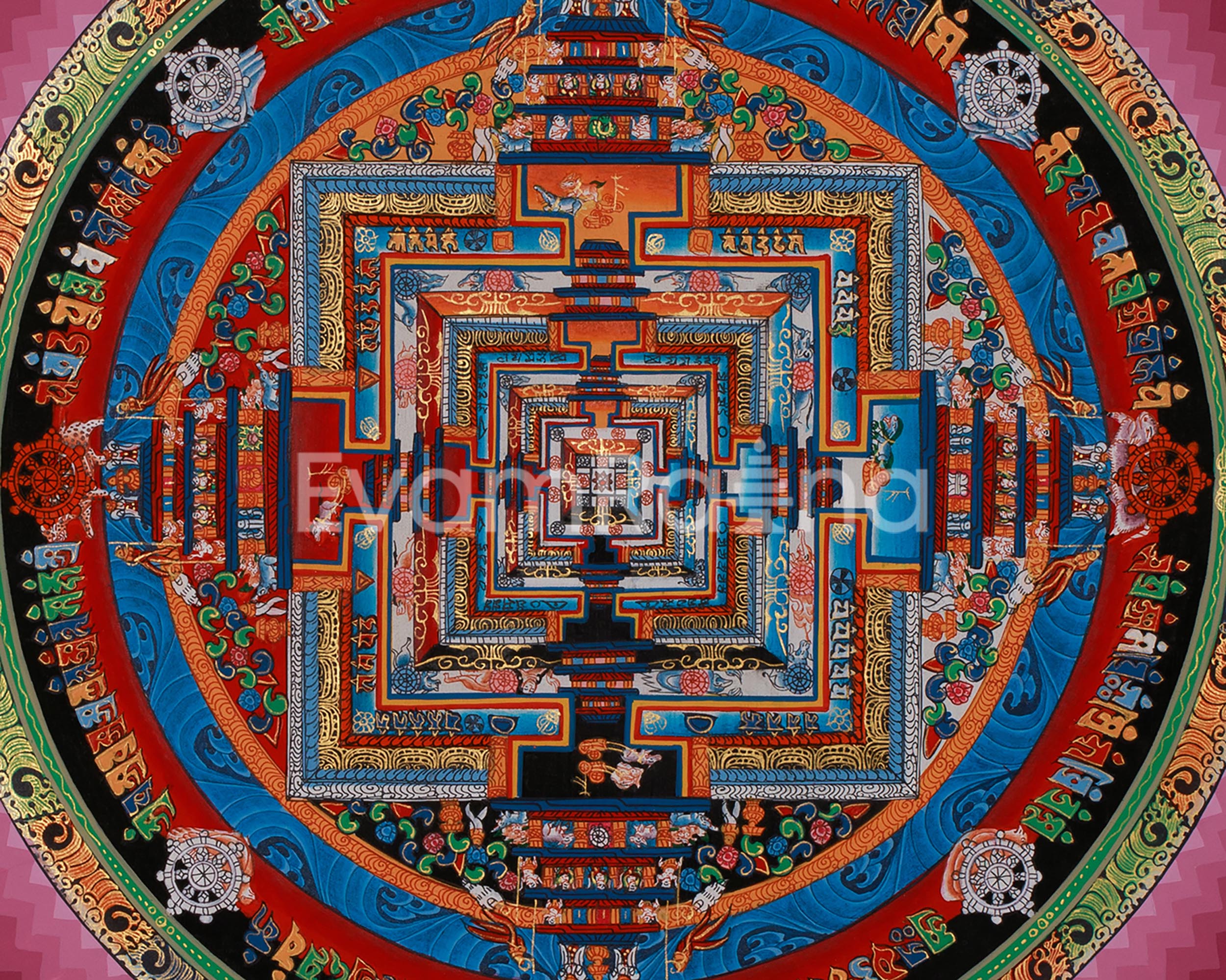 Kalachakra Mandala Thangka With Warm Halo Around | Tibetan Wall Hanging