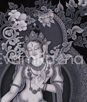 Standing White Tara Painting | Monochromatic Spiritual Masterpiece