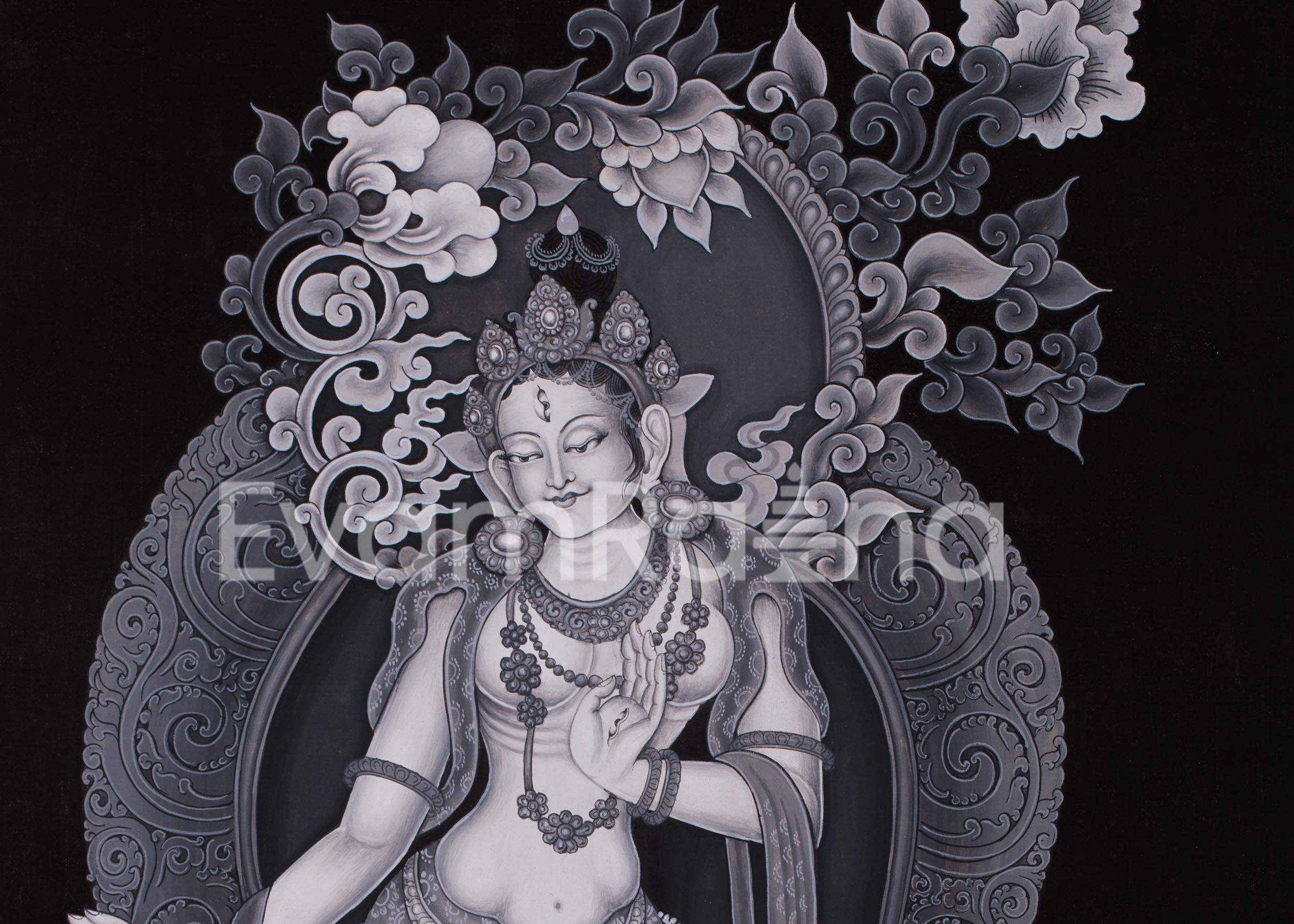 Standing White Tara Painting | Monochromatic Spiritual Masterpiece