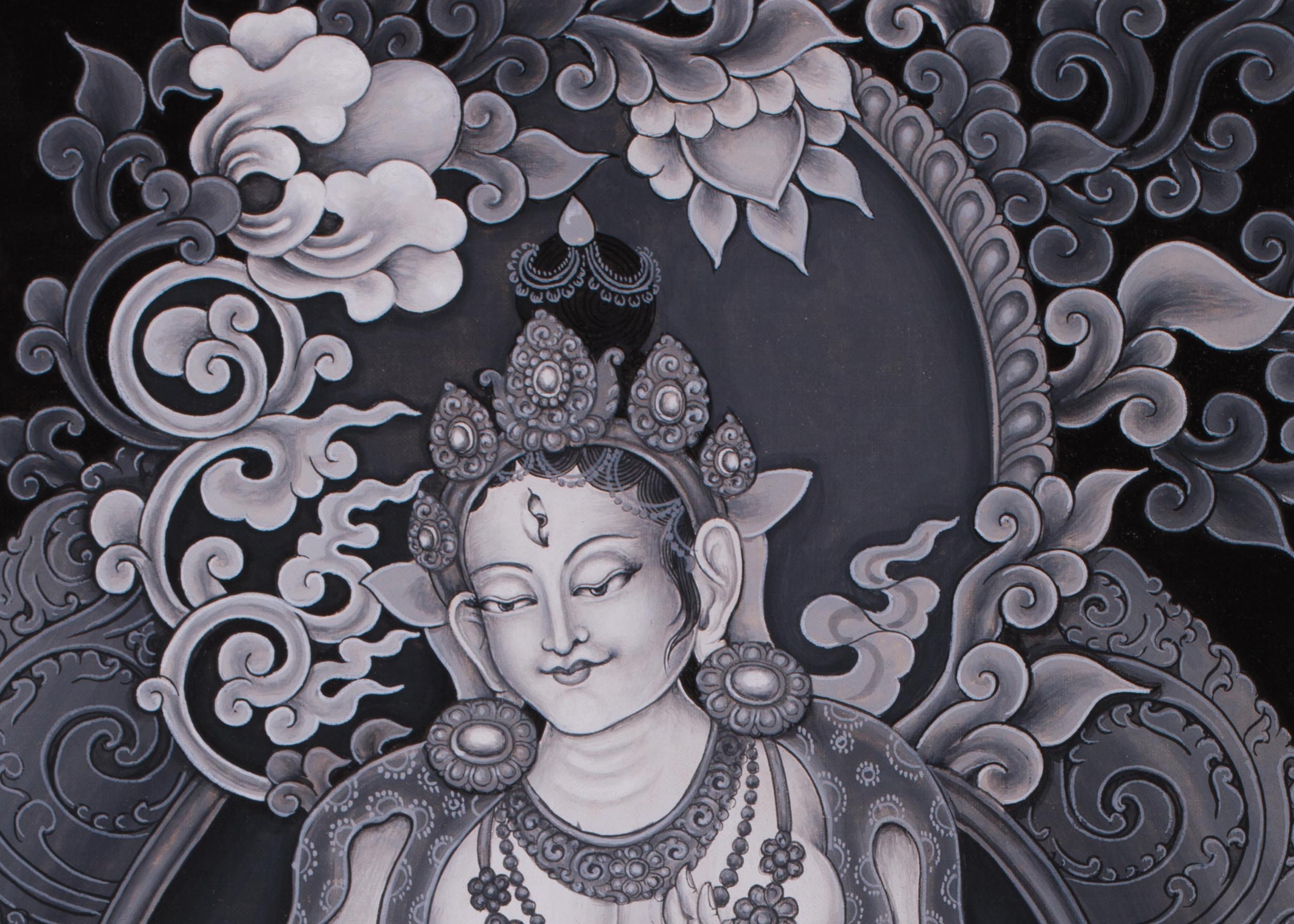 Standing White Tara Painting | Monochromatic Spiritual Masterpiece