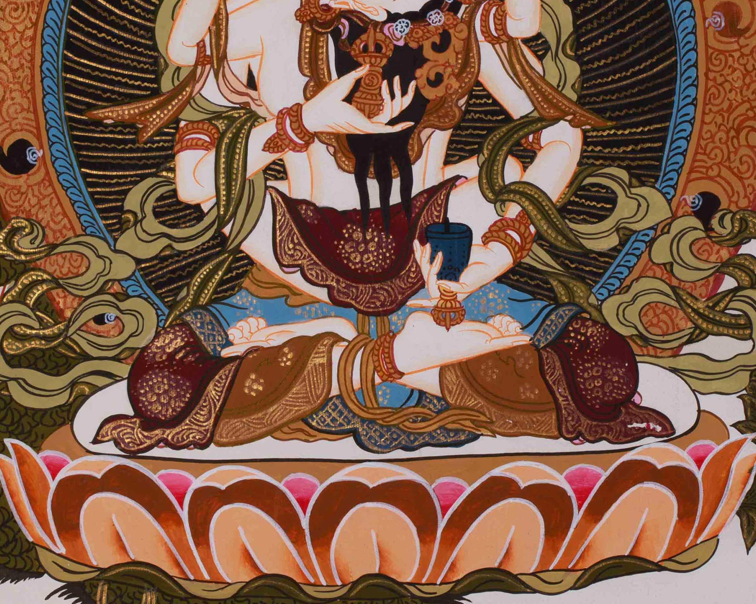 Traditional Thangka of Vajrasattva With Consort | Symbolized Purification and Enlightenment