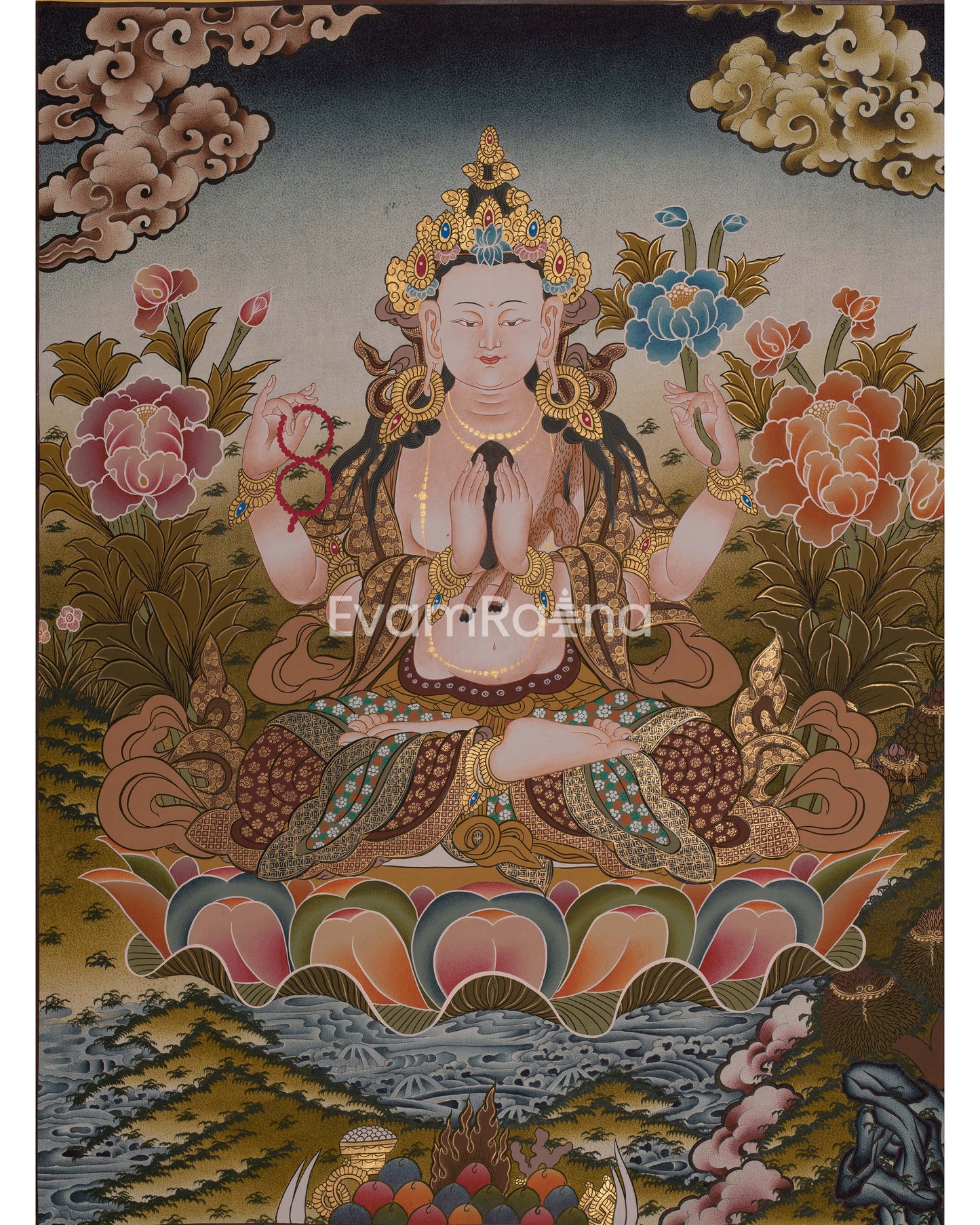 Four Armed Chengrezig Thanka | Hand-Painted Tibetan Thangka