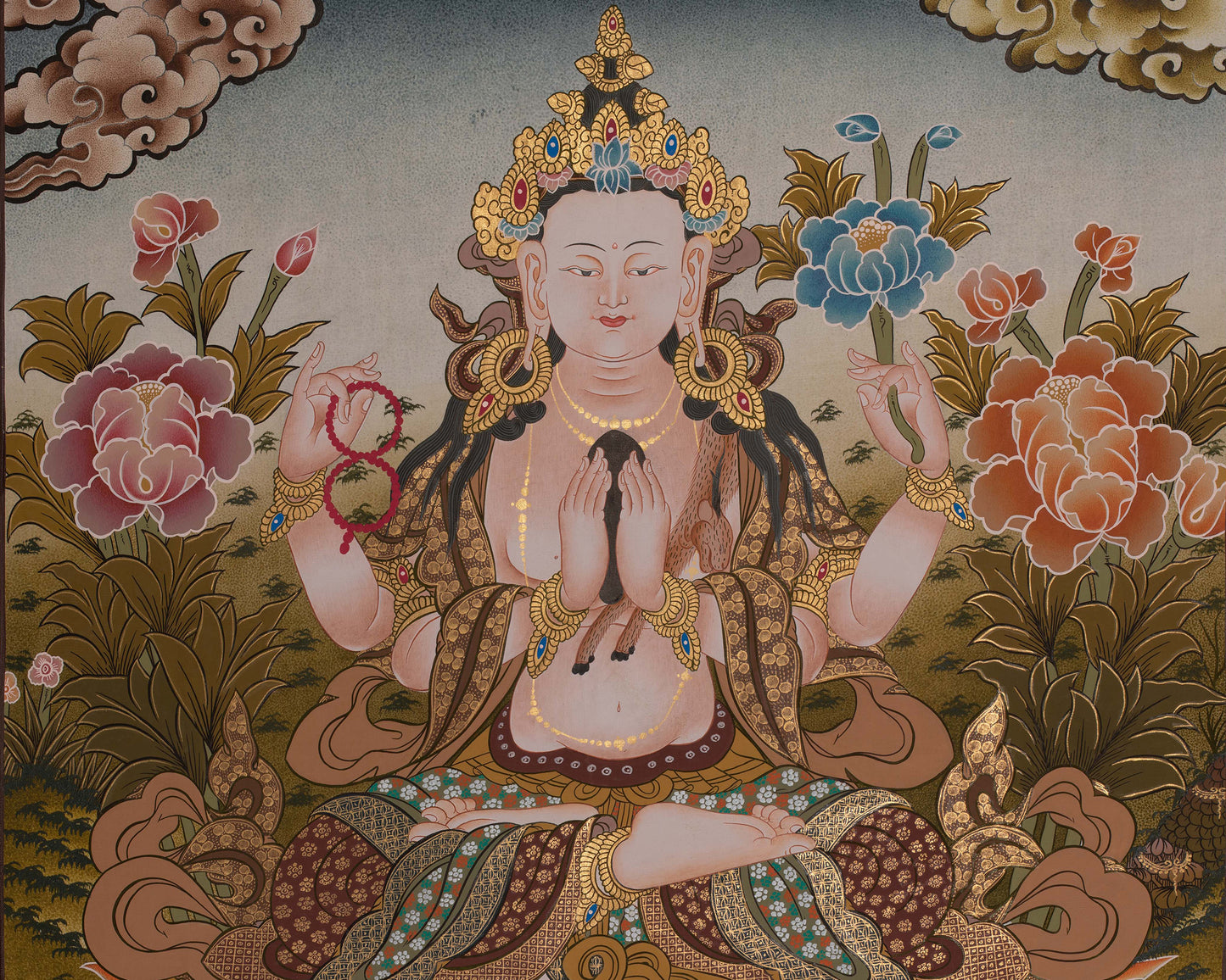 Four Armed Chengrezig Thanka | Hand-Painted Tibetan Thangka