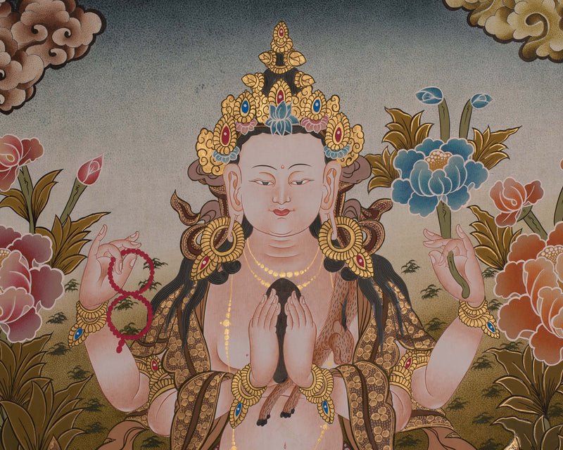 Four Armed Chengrezig Thanka | Hand-Painted Tibetan Thangka