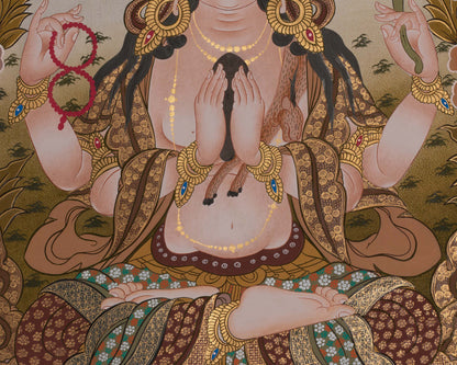 Four Armed Chengrezig Thanka | Hand-Painted Tibetan Thangka