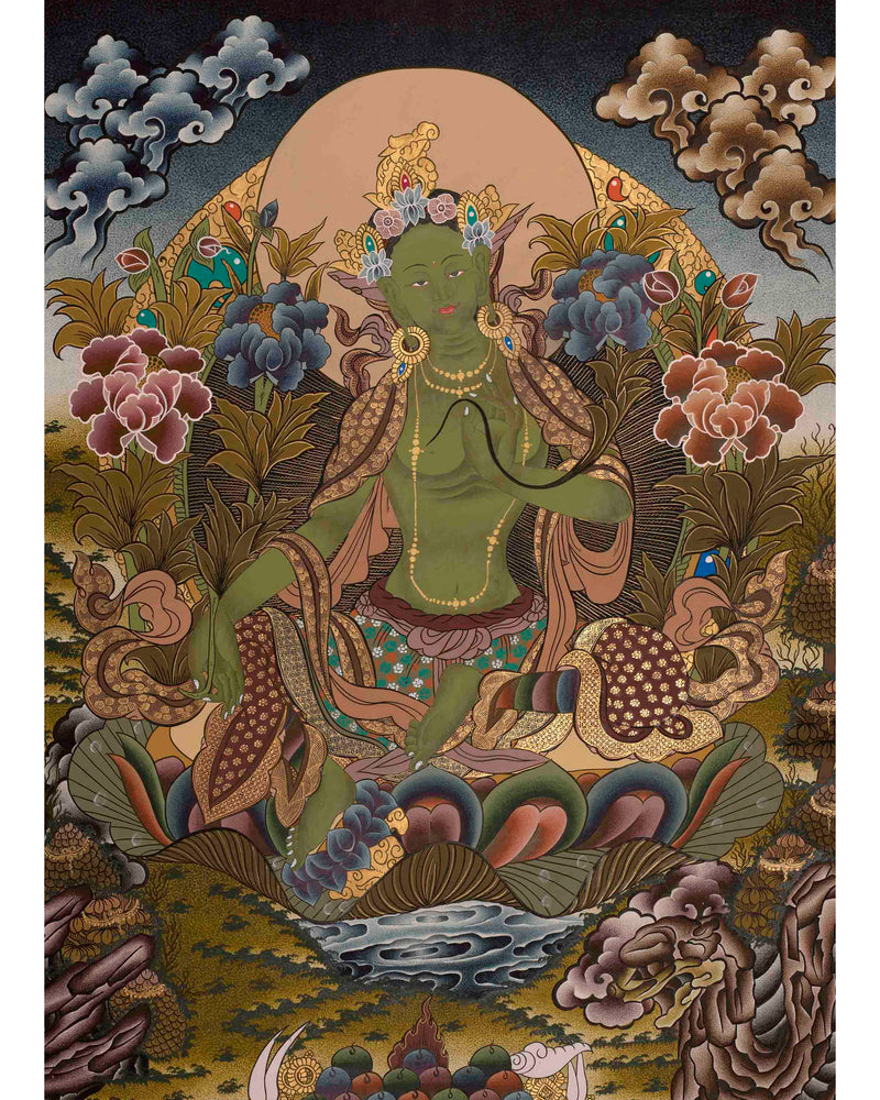 Original Hand-Painted Green Tara Thangka | Buddhist Religious Painting