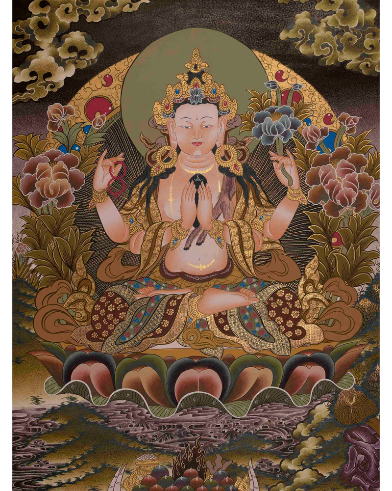 Four Armed Chengrezig Thanka | Hand-Painted Tibetan Thangka