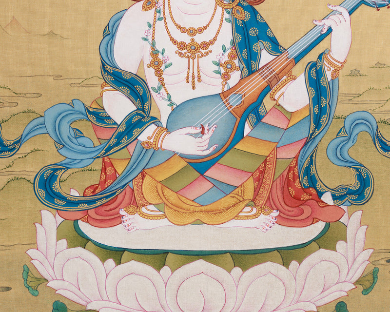 Mother Saraswati Thangka | Sacred Art of Music, Wisdom, and Spiritual Enlightenment